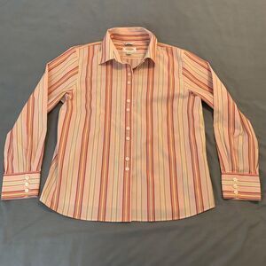 Talbots Shirt Womens 14 Petite Pink Stripe Wrinkle Resistant Stretch Button